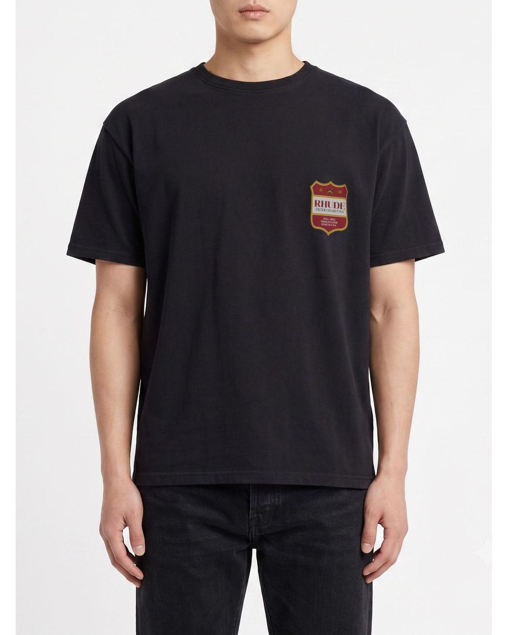 Rhude Black Cotton T-Shirt With Logo Crest And Dropped Shoulders for men