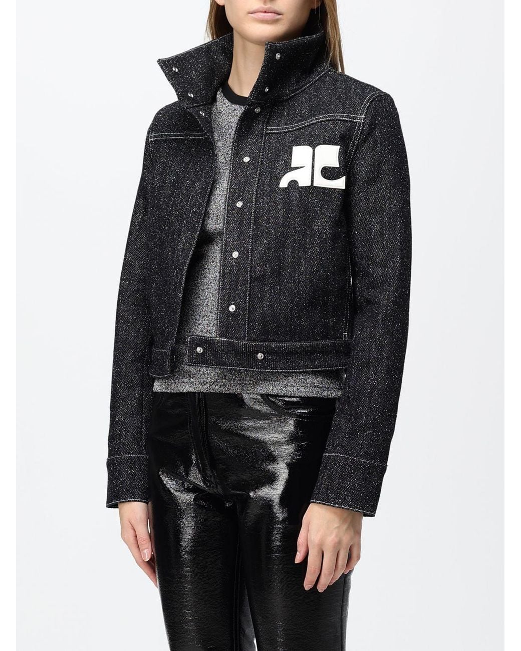 Courreges Black CourrÈ Ges Short Denim Jacket With Contrast Logo And Funnel Neck