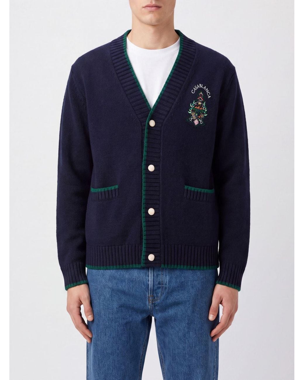 Casablanca Blue Wool And Cashmere Cardigan With Crest And Contrast Trim for men