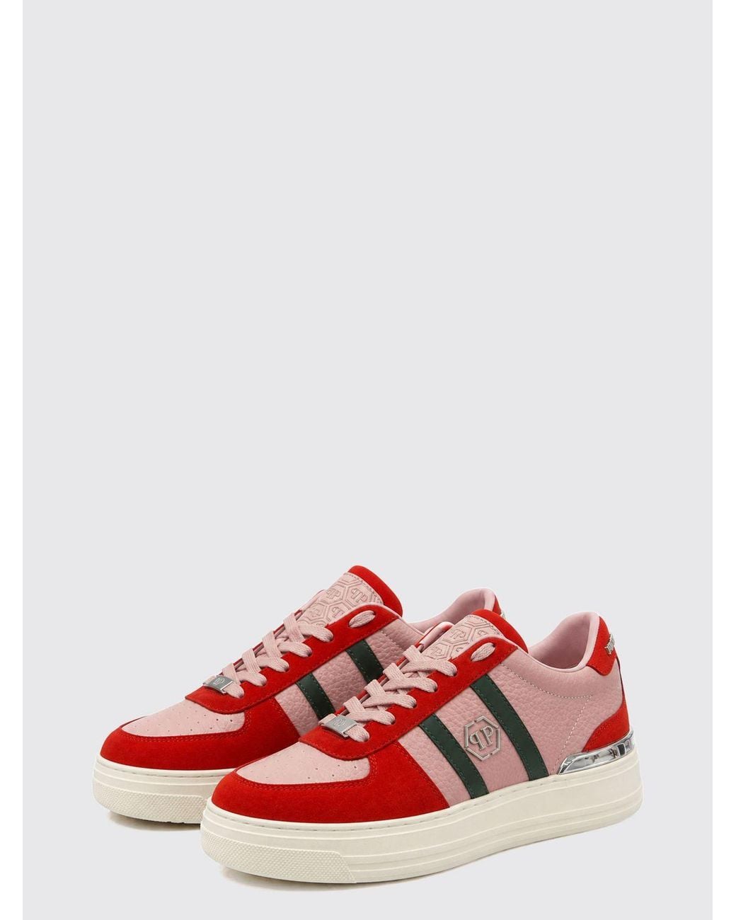 Philipp Plein Red Low-Top Leather Trainers With Hexagon Logo And Round Toe for men