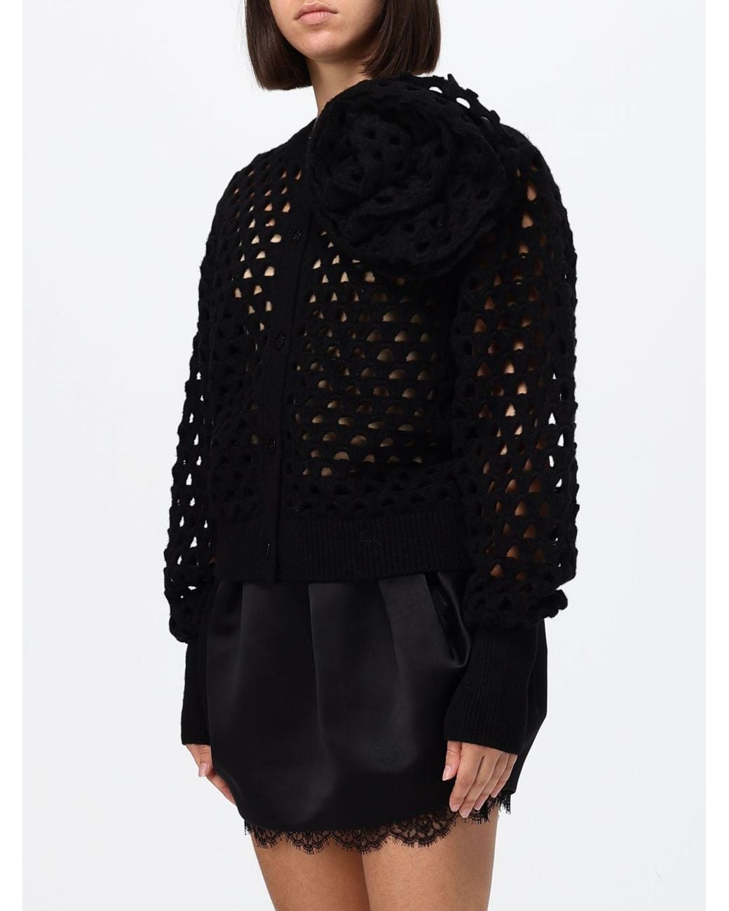 Blumarine Black Openwork Wool Cardigan With Balloon Sleeves And Flower Appliqué