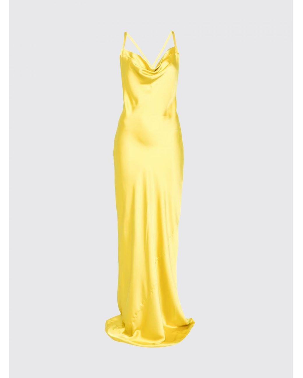 Norma Kamali Yellow Long Satin Evening Gown With Draped Neckline
