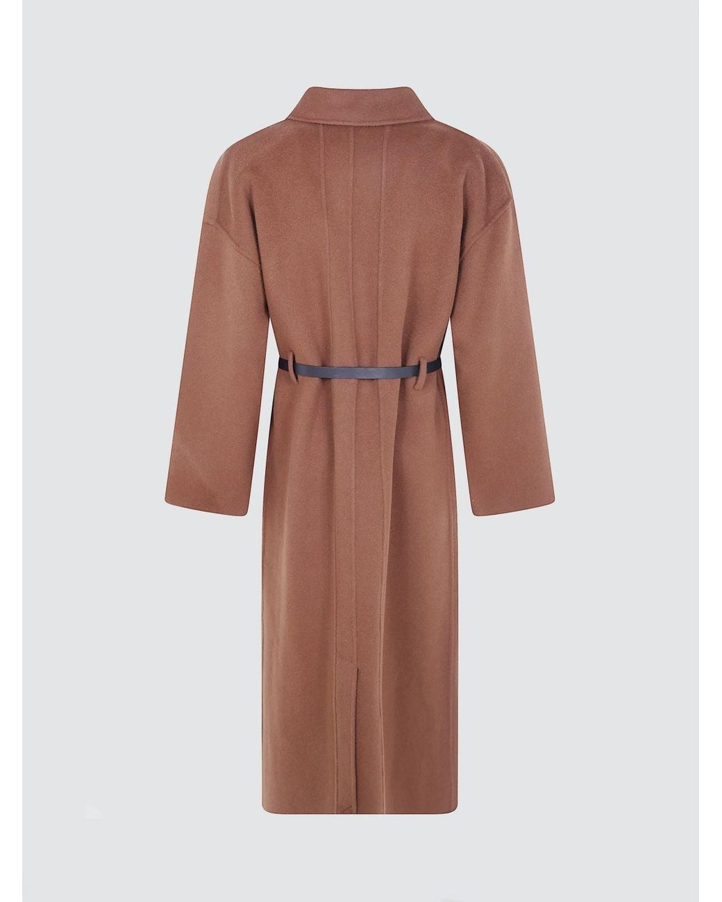 Semicouture Brown Peak Lapel Long Wool Robe Coat With Self-Tie Belt