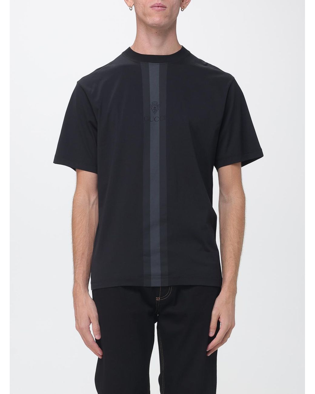 Gucci Black Striped Cotton T-Shirt With Tone-On-Tone Logo for men