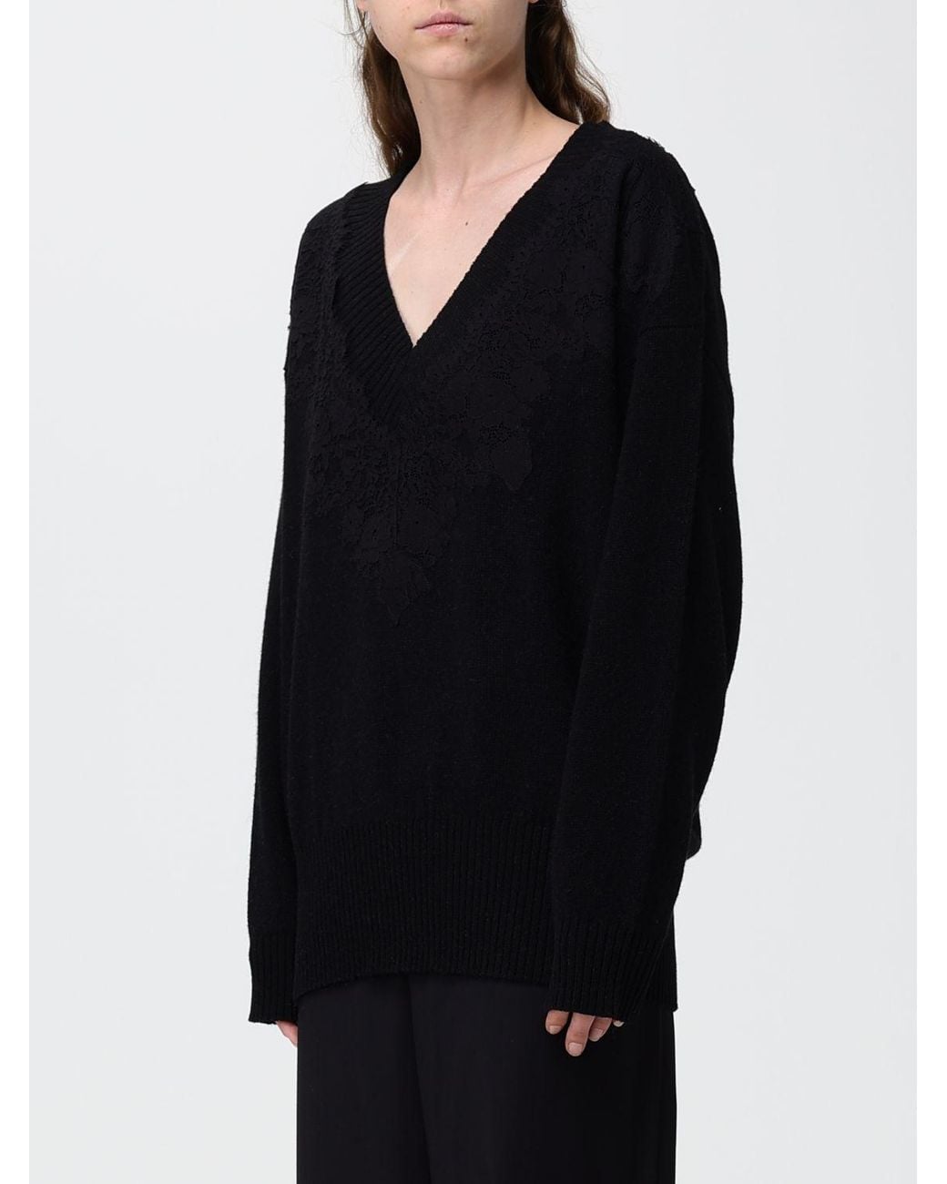 Alberta Ferretti Black V-Neck Jumper With Lace Inserts