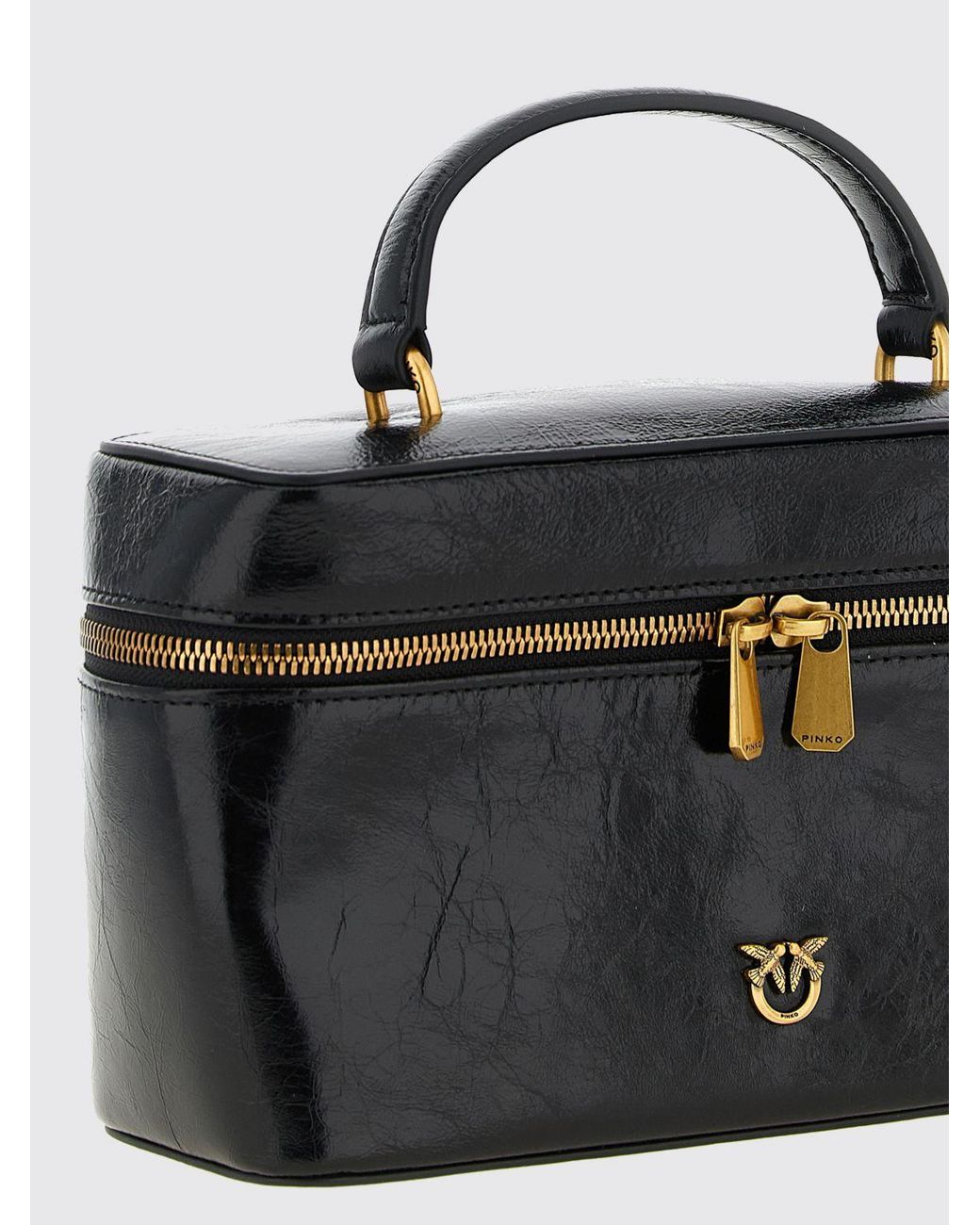 Pinko Black Vanity Mini Calfskin Leather Case With Logo And Removable Strap