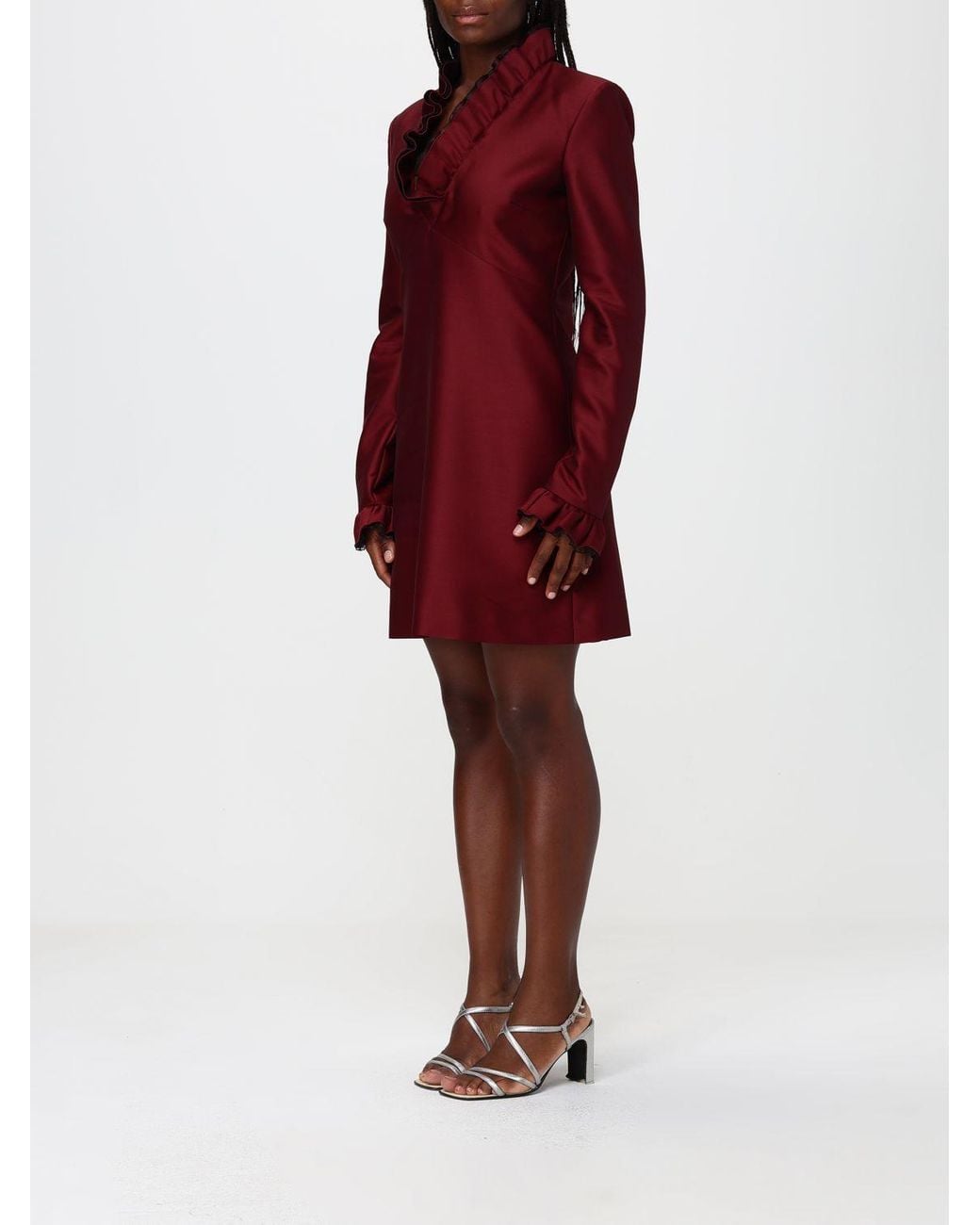 Alberta Ferretti Red Long-Sleeve Satin Mini Dress With A V-Neck And Ruffle Collar