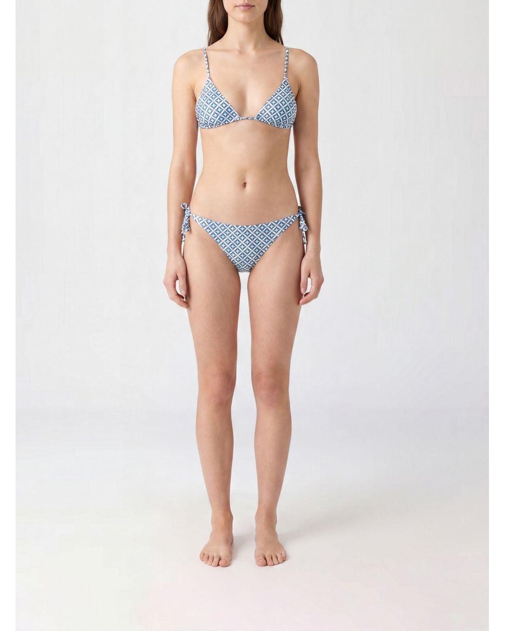 Max Mara White Geometric Diamond Print Triangle Bikini With Tie Fastenings