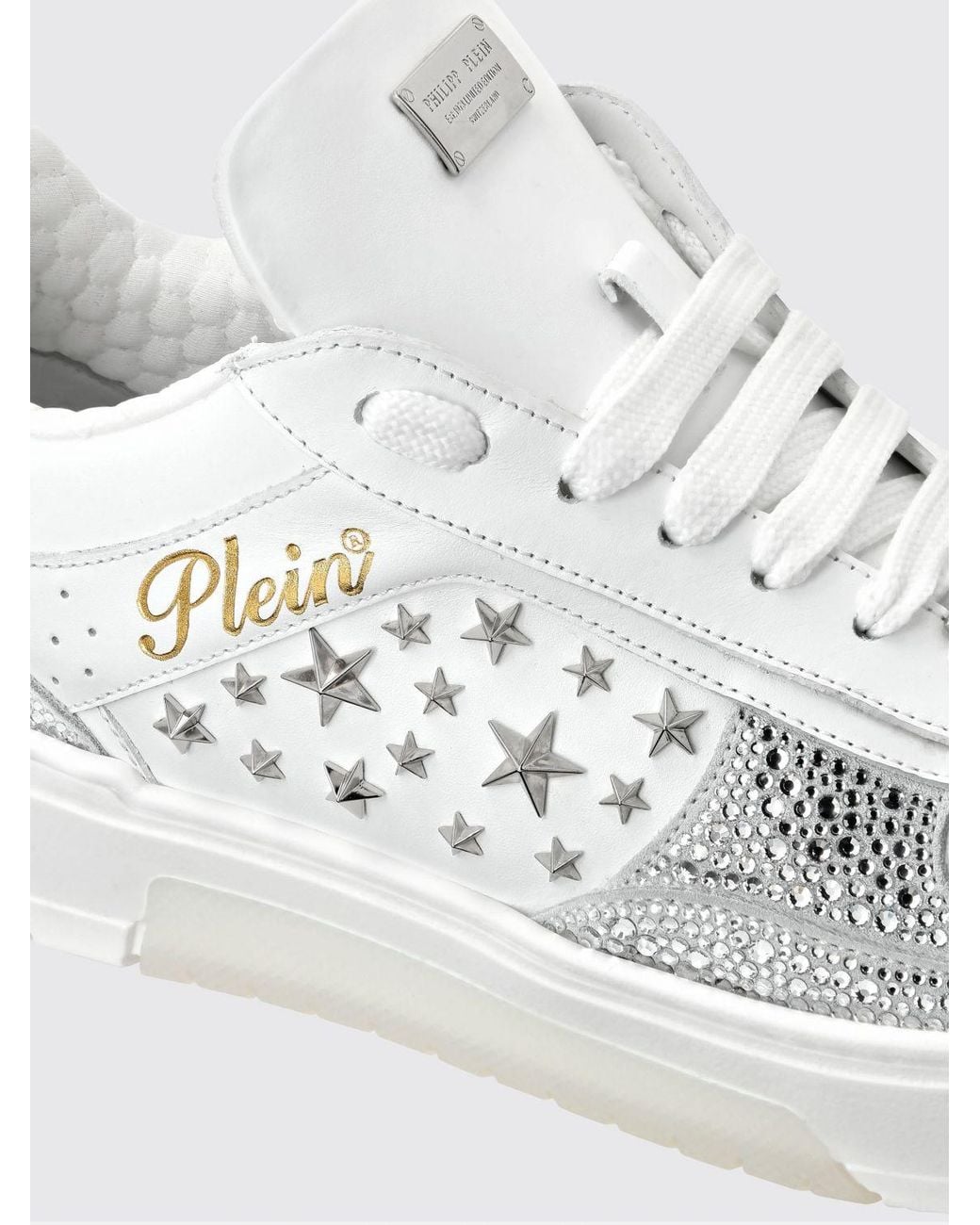 Philipp Plein White Low-Top Leather And Suede Sneakers With Studs And Rhinestones for men