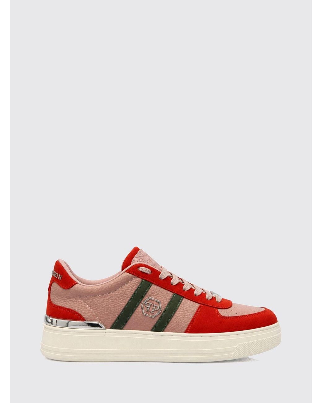 Philipp Plein Red Low-Top Leather Trainers With Hexagon Logo And Round Toe for men