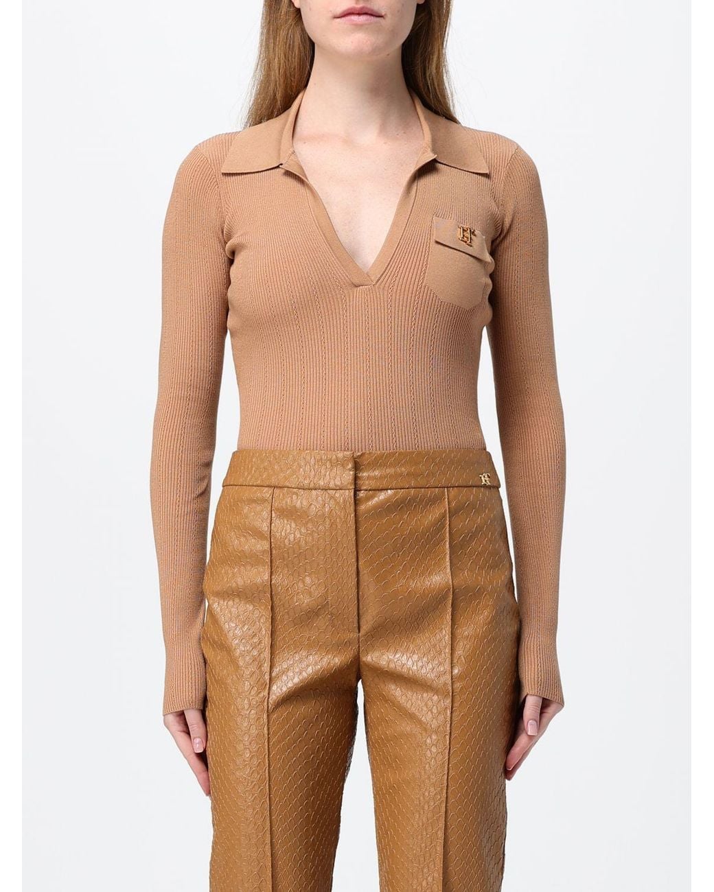 Elisabetta Franchi Natural Slim Fit Long-Sleeved V-Neck Bodysuit With Ruffles