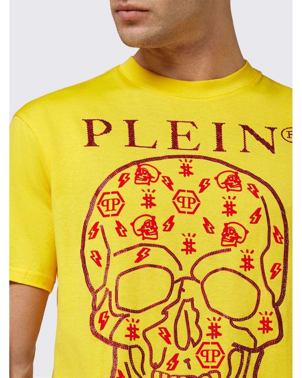 Philipp Plein Yellow Crew-Neck Cotton T-Shirt With Skull And Logo Print for men