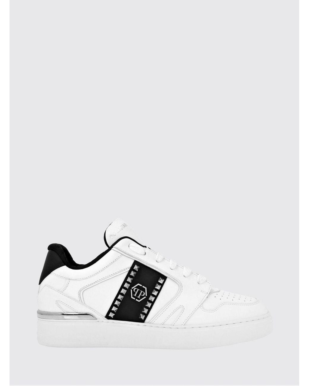 Philipp Plein White Low-Top Leather Sneakers With Hexagon Logo And Studs for men
