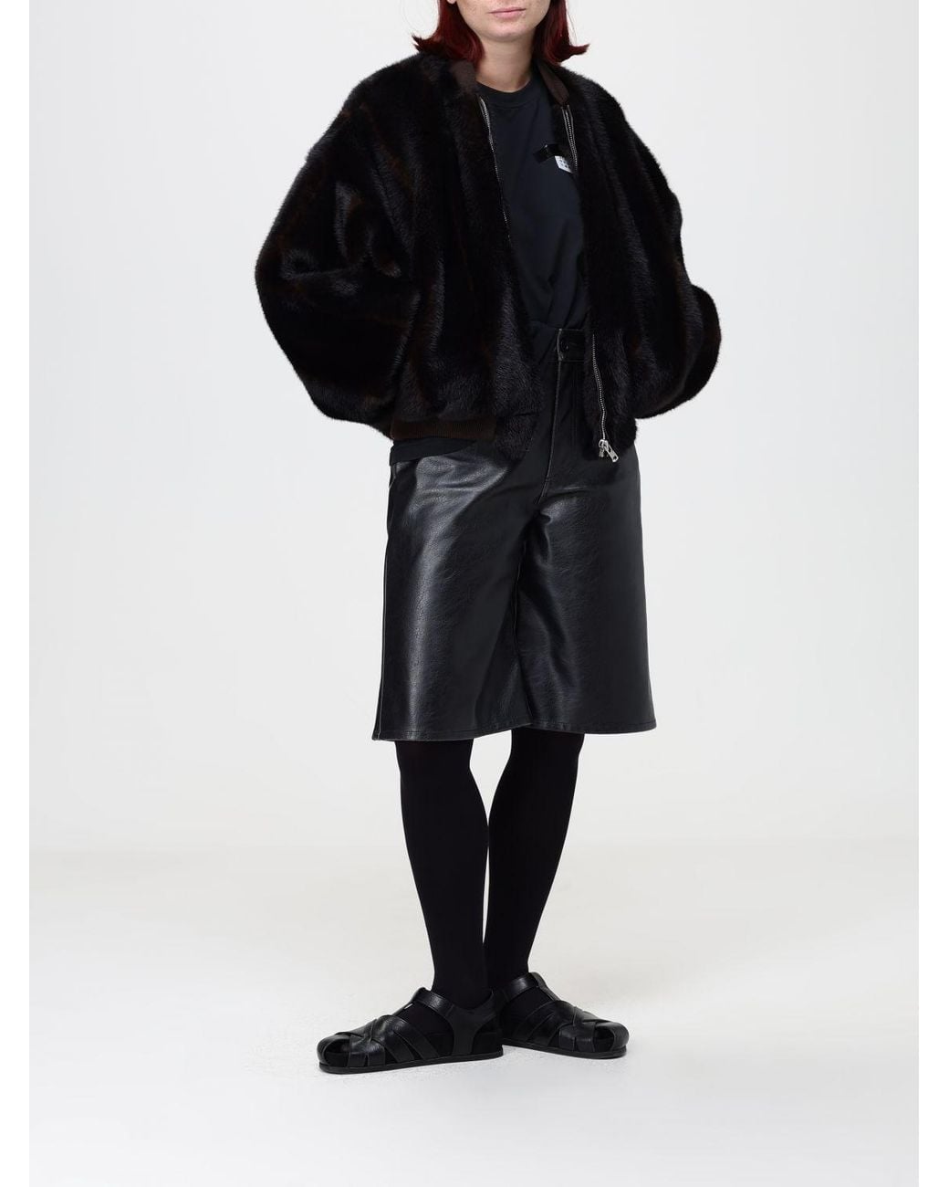 MM6 by Maison Margiela Black Cropped Faux Fur Jacket With Bomber Collar