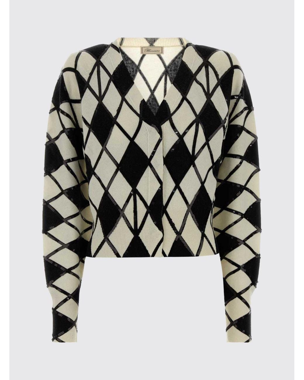 Blumarine Black Wool And Cashmere Argyle Cardigan With Sequin Embellishment