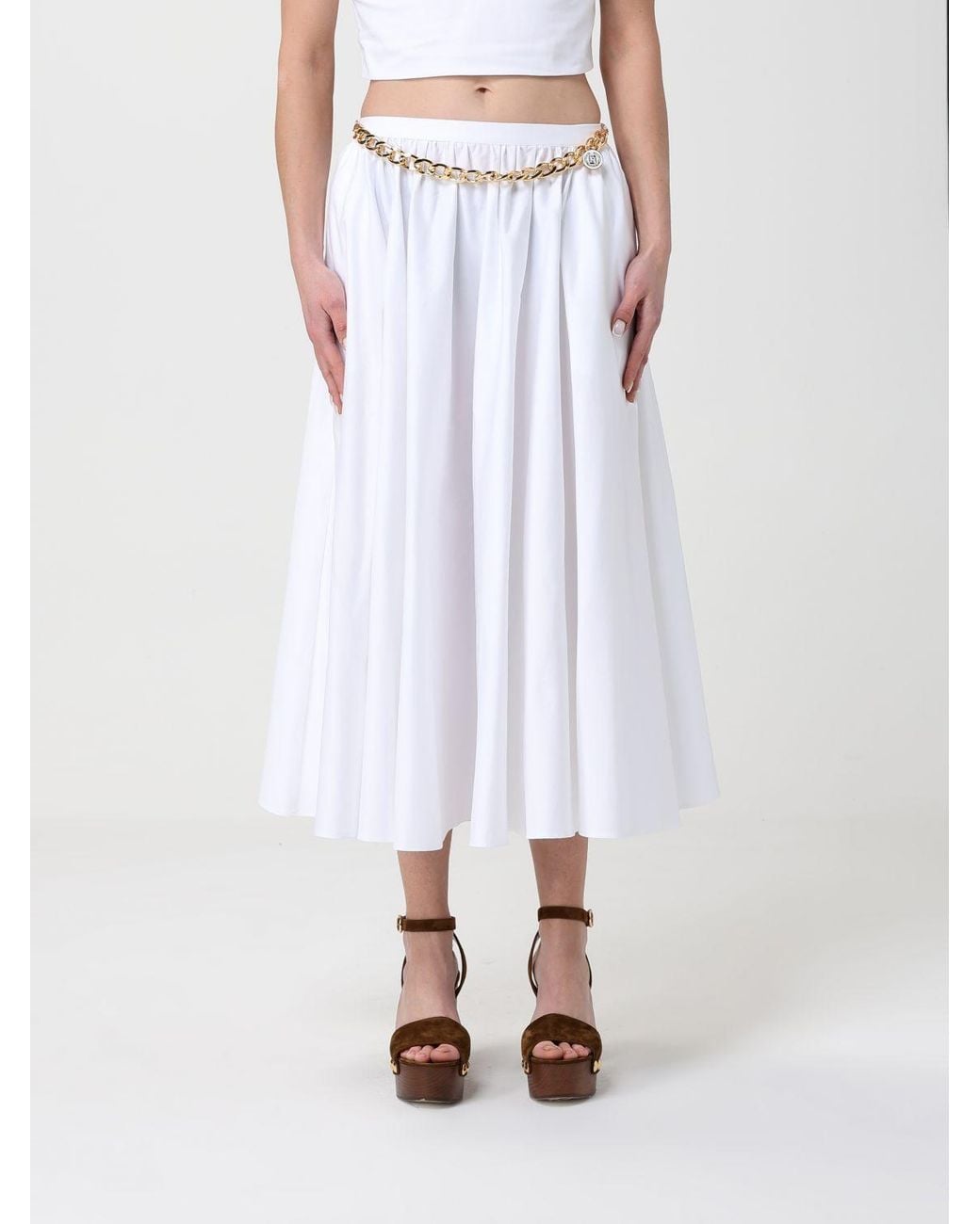 Elisabetta Franchi White Cotton Midi Skirt With Chain