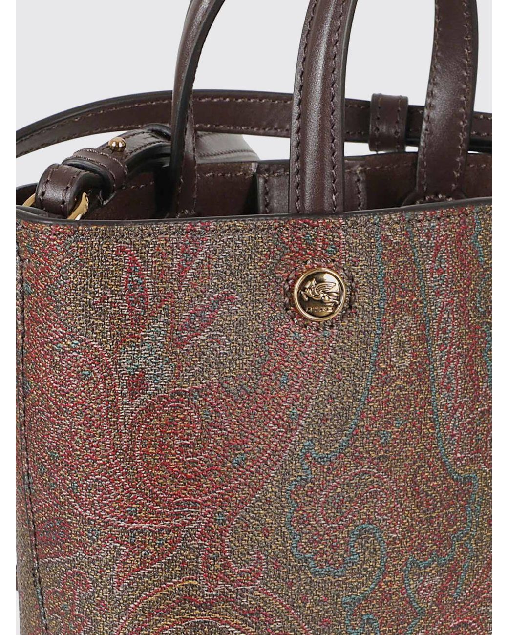 Etro Brown Essential Mini Paisley Cotton Tote With Shoulder Strap And Protective Feet