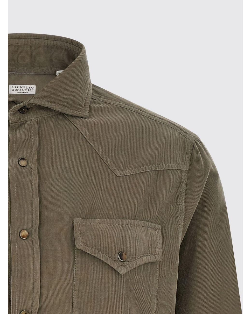 Brunello Cucinelli Green Slim Fit Velvet Shirt With French Collar And Pockets for men