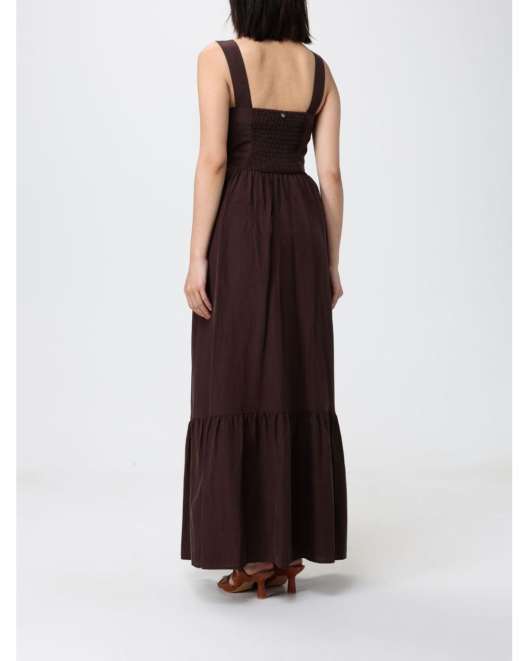 Liu Jo Brown Long Cotton Off-The-Shoulder Dress With Tie-Waist Belt