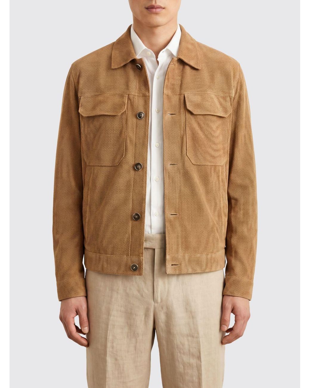 Boss Natural Perforated Suede Shirt Jacket With Flap Pockets for men