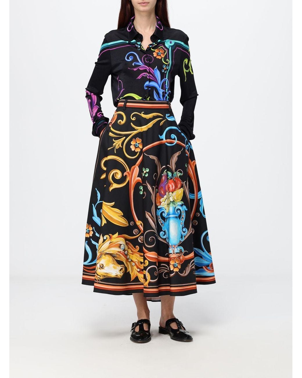 Moschino Couture White High-Waisted Baroque Print Cotton Full Midi Skirt