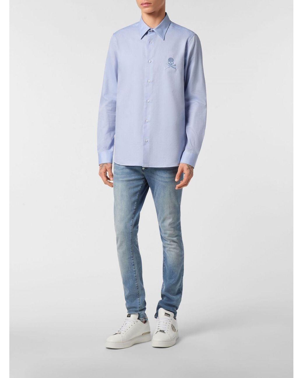 Philipp Plein Blue Long-Sleeved Cotton Shirt With Point Collar And Skull Print for men