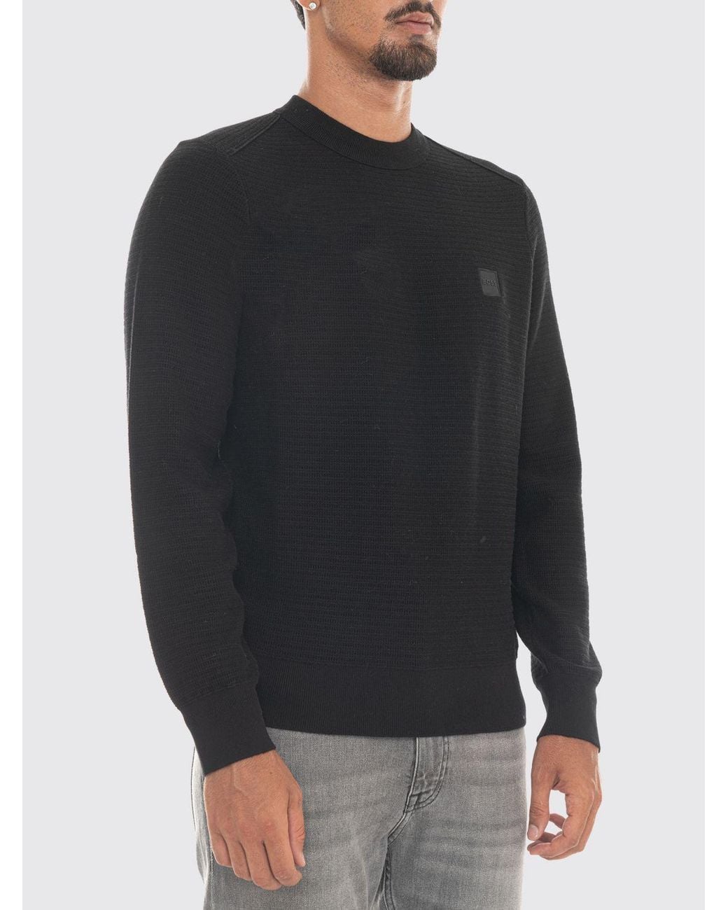 Boss Black Cotton And Cashmere Crewneck Jumper With Tone-On-Tone Logo for men
