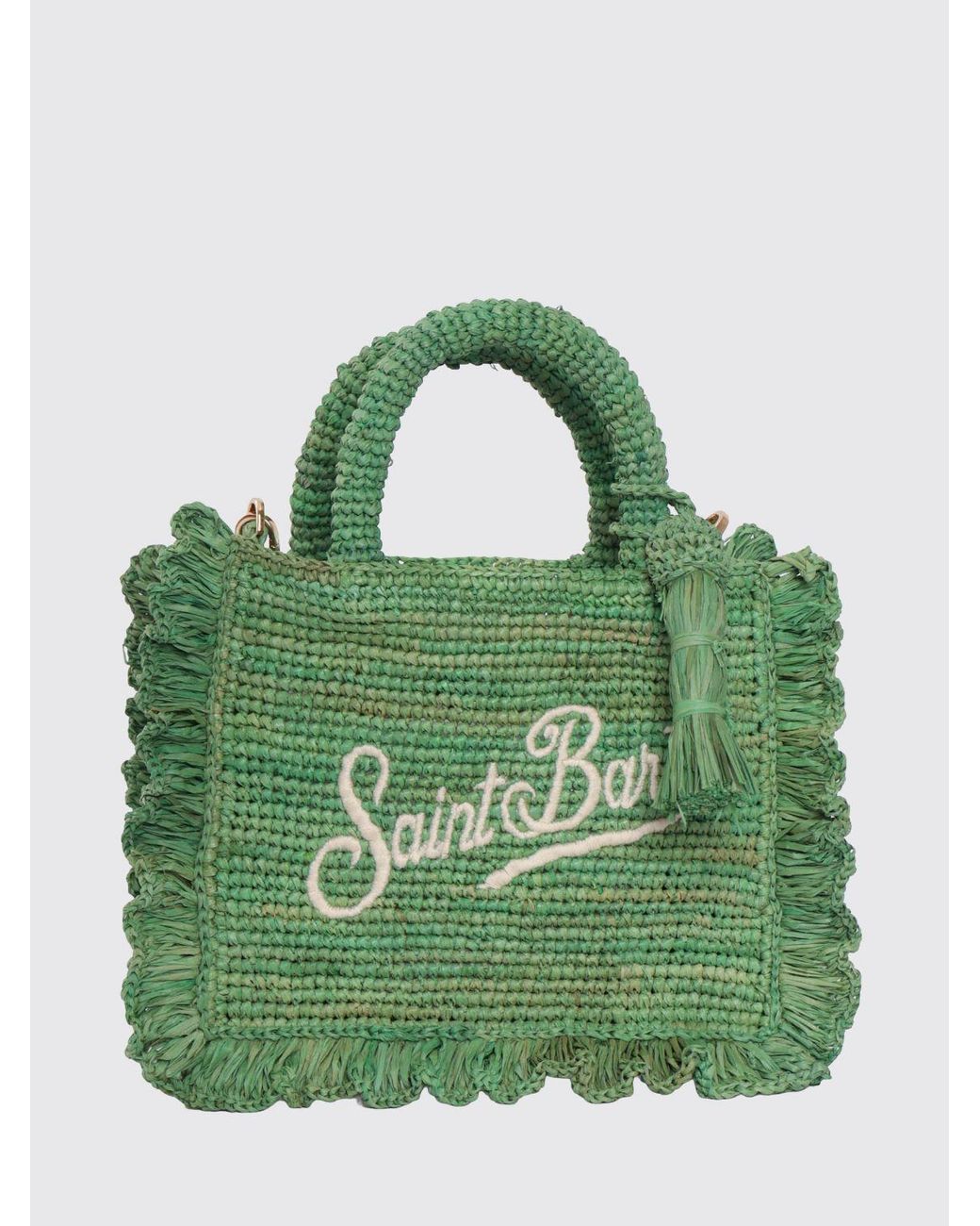 Mc2 Saint Barth Green Embroidered Logo Raffia Bag