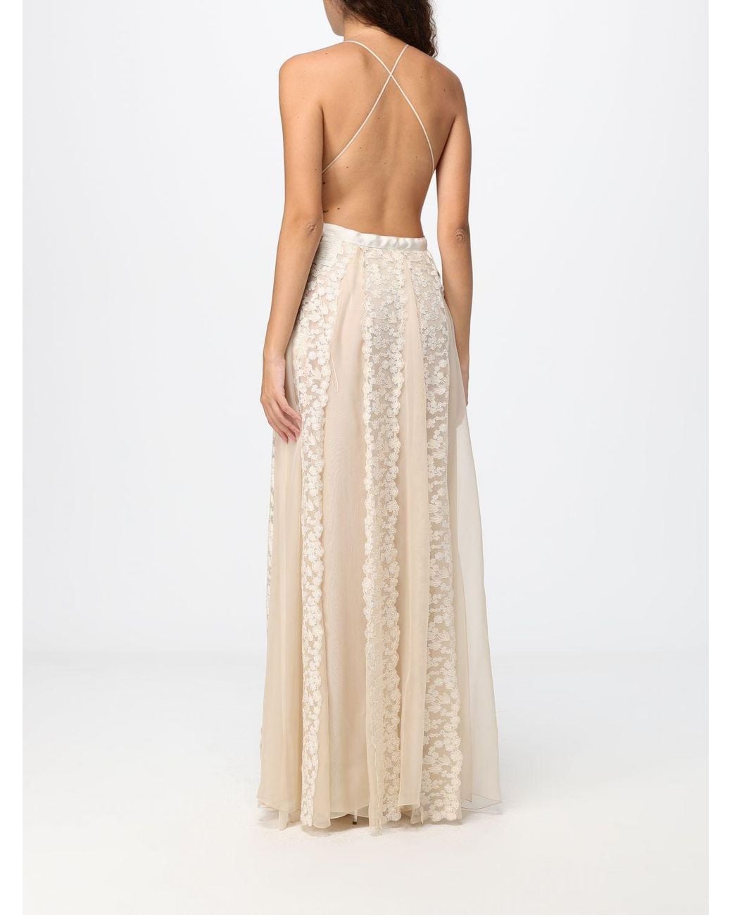Fendi Natural Silk Georgette Long Evening Gown With V-Neck And Lace Inserts