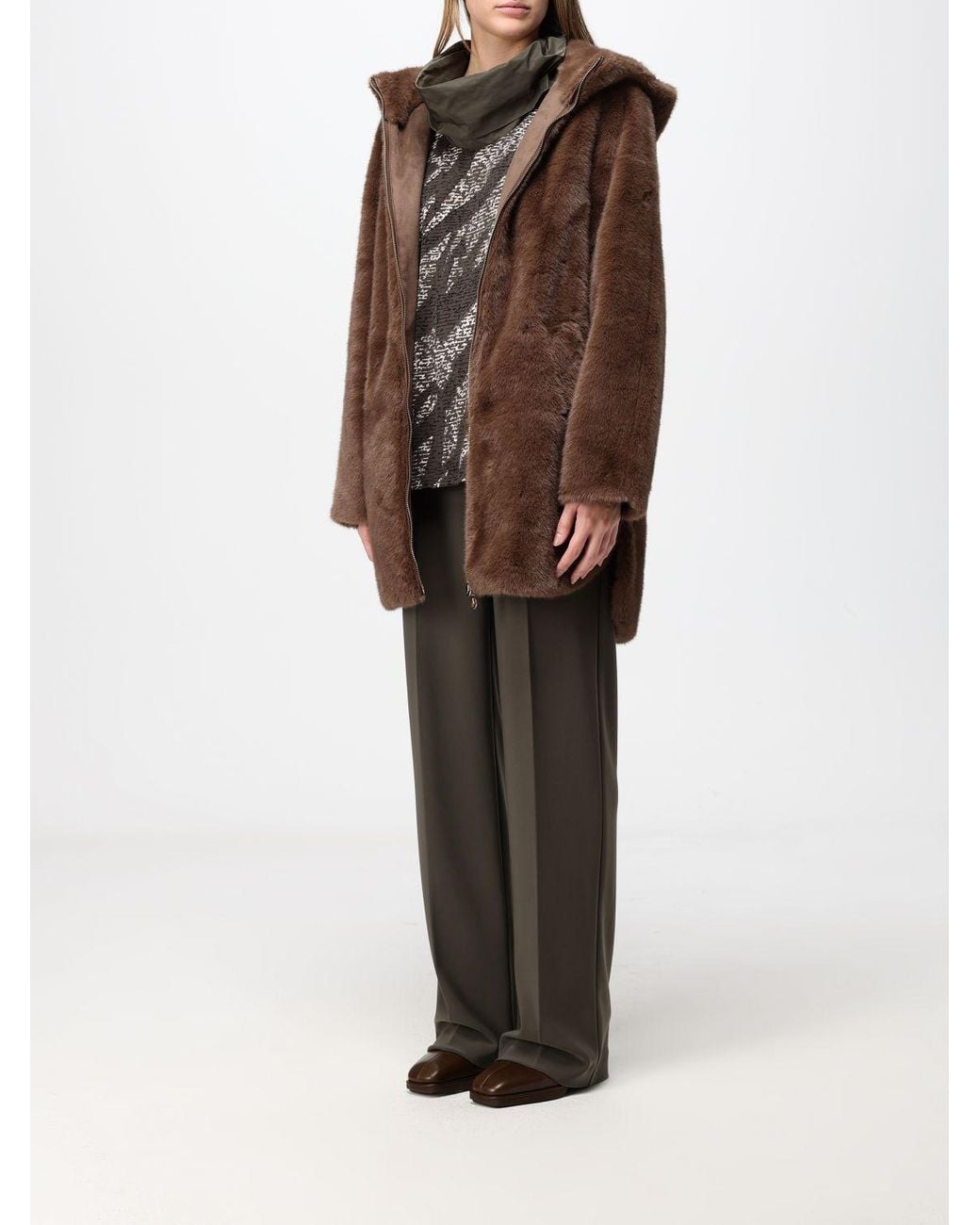 Joseph Ribkoff Brown Knee-Length Faux Fur Coat With Hood