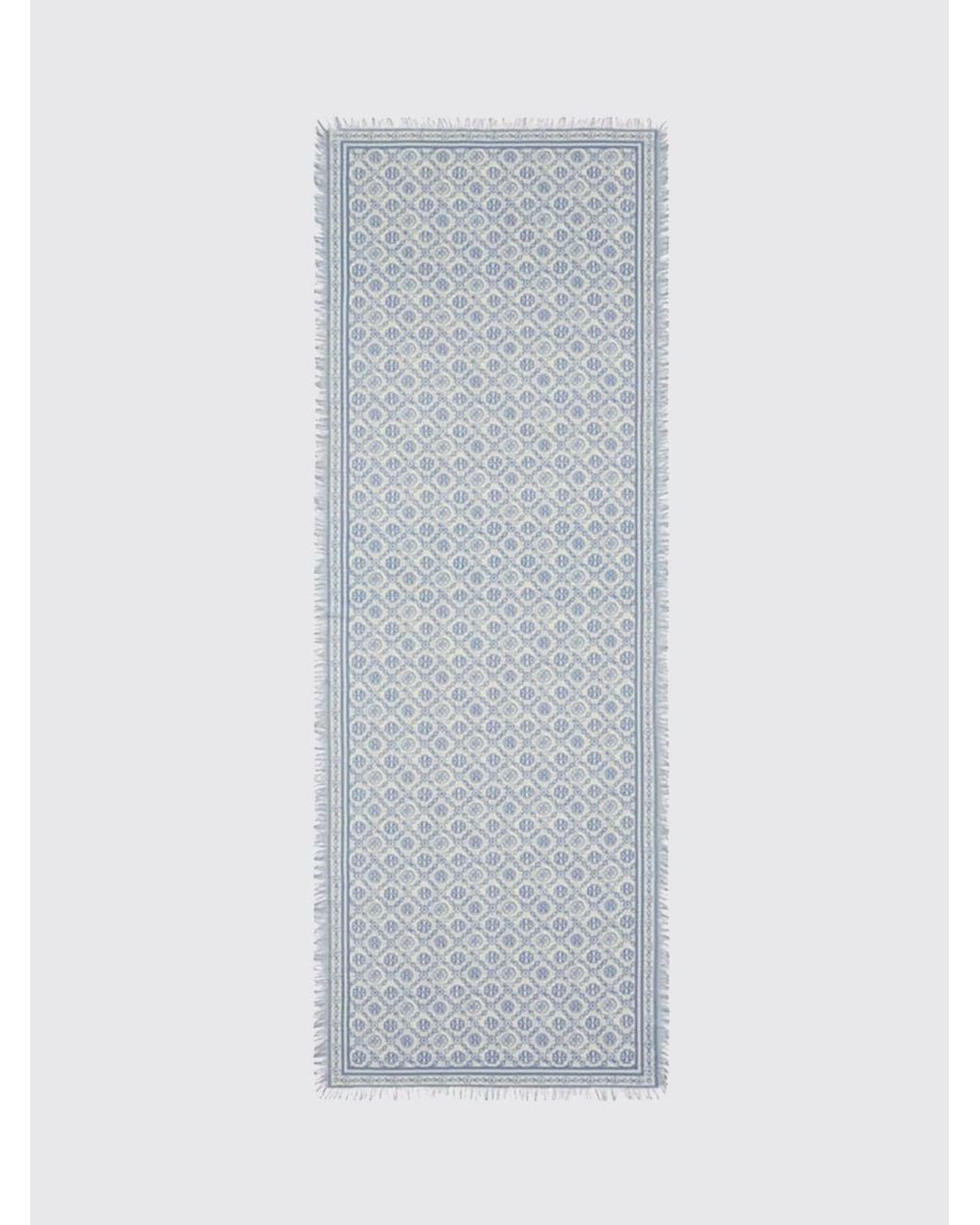 Tory Burch White Monogram Wool And Silk Blend Scarf With Fringed Edges