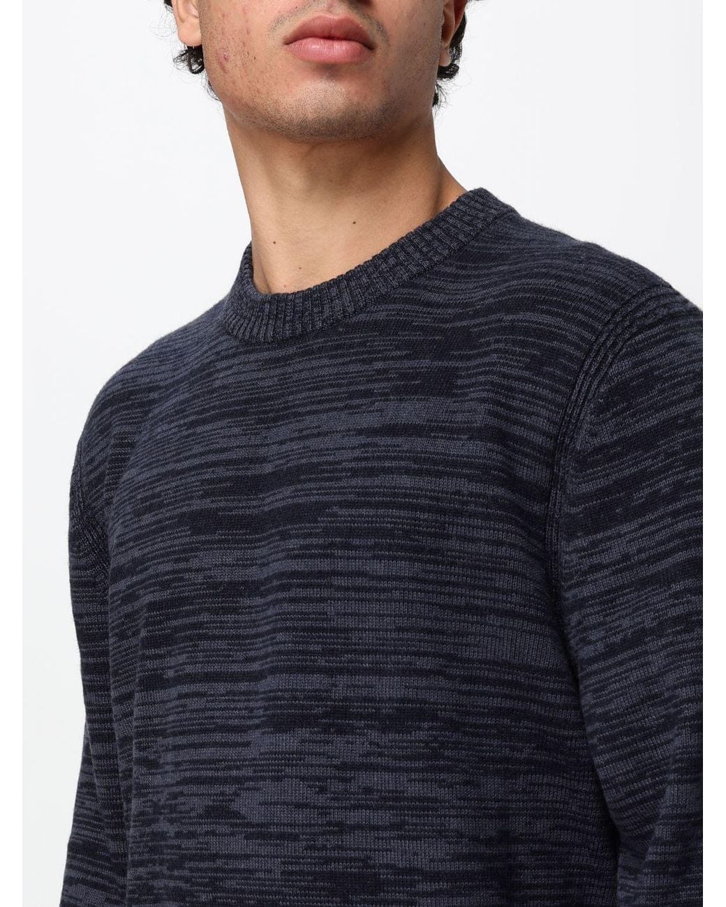 Boss Blue Abstract Pattern Virgin Wool Crew-Neck Jumper With Ribbed Trims for men