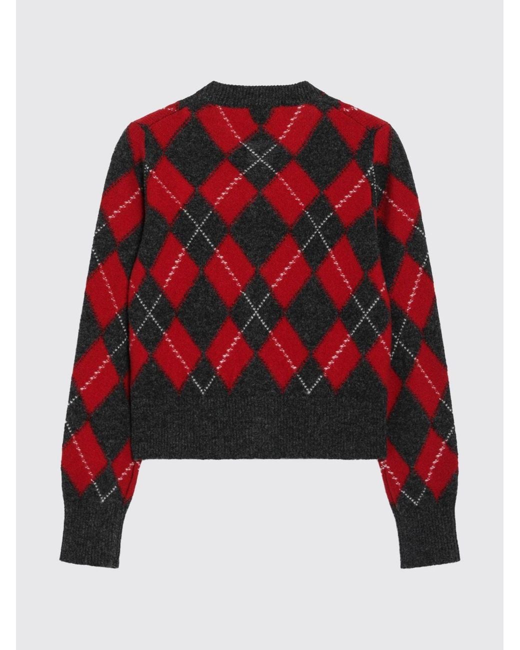 AMI Red Argyle Pure Virgin Wool Crew Neck Cardigan