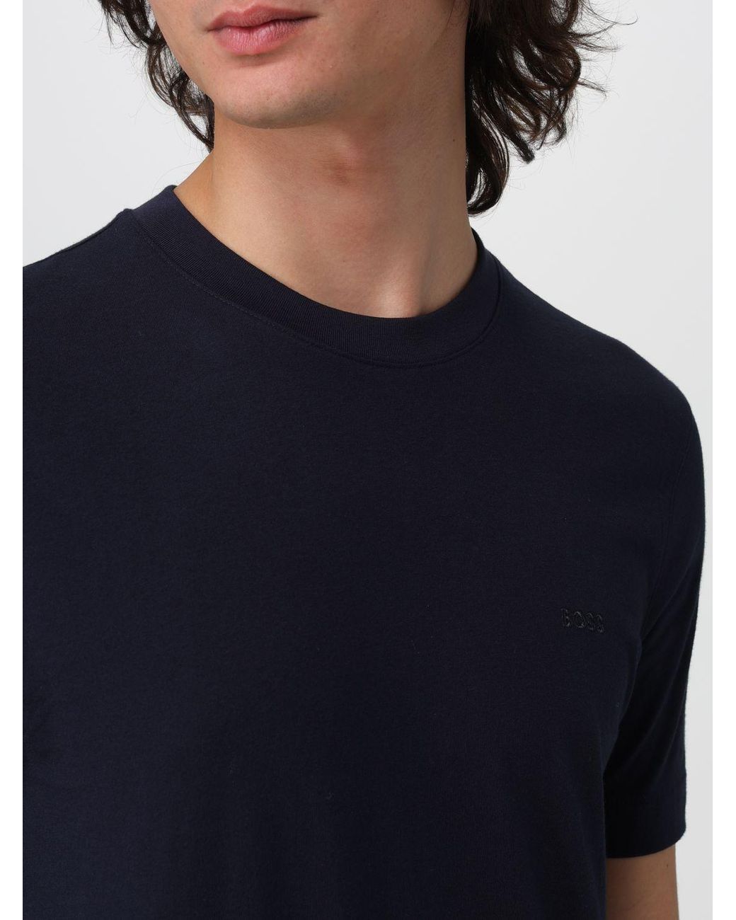 Boss Blue Embroidered Logo Cotton Crewneck T-Shirt for men