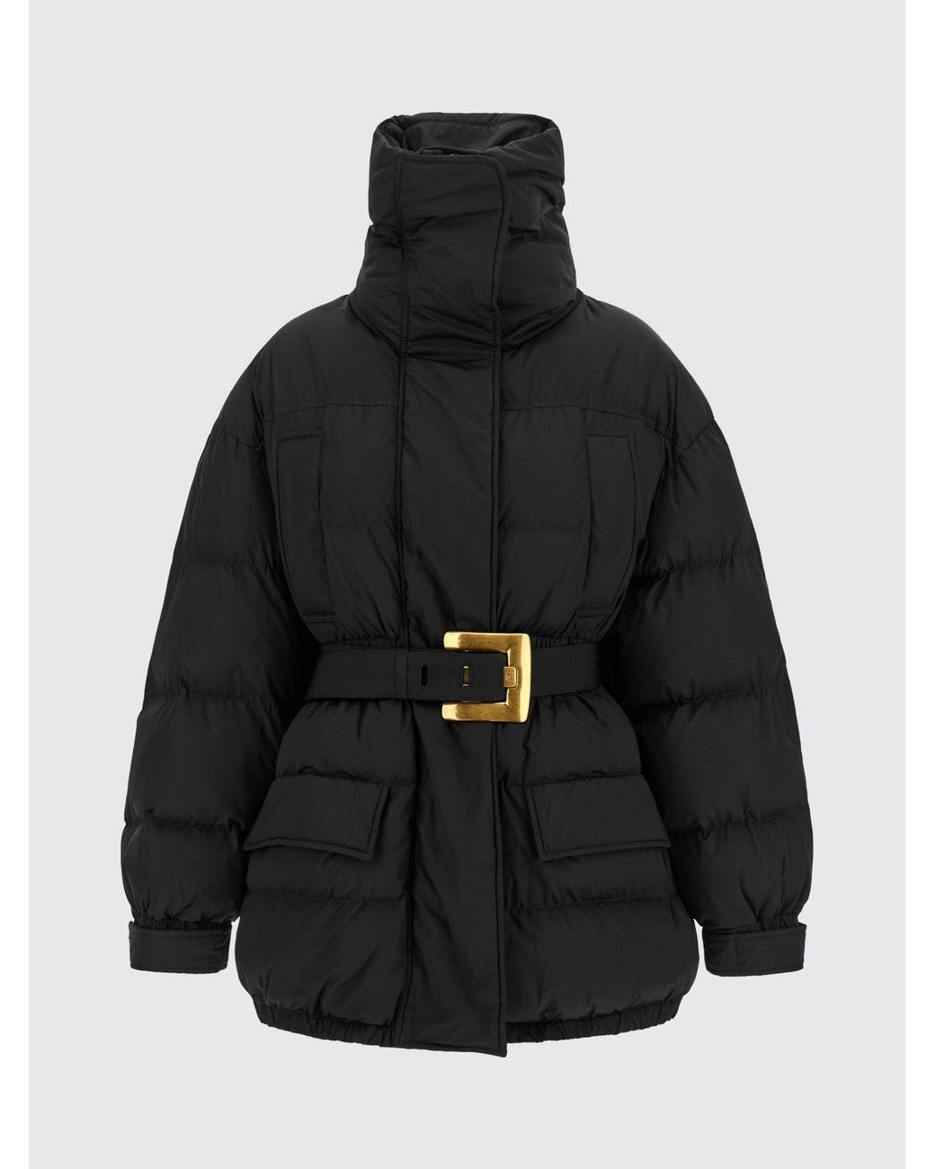 Balmain Black Short Technical Fabric Down Jacket With High Neck And Waist Belt