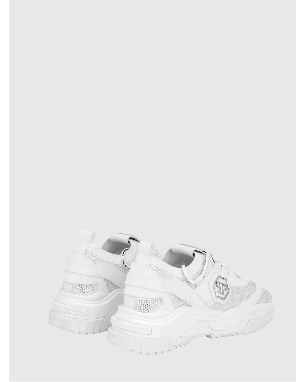 Philipp Plein White Low-Top Leather And Stretch Viscose Sneakers With Monogram And Rhinestones for men