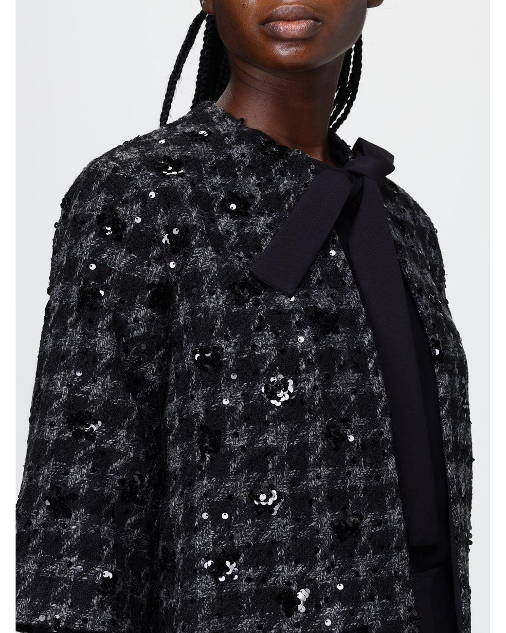Hanita Blue Cropped Jacket With Houndstooth Embroidery And Sequins
