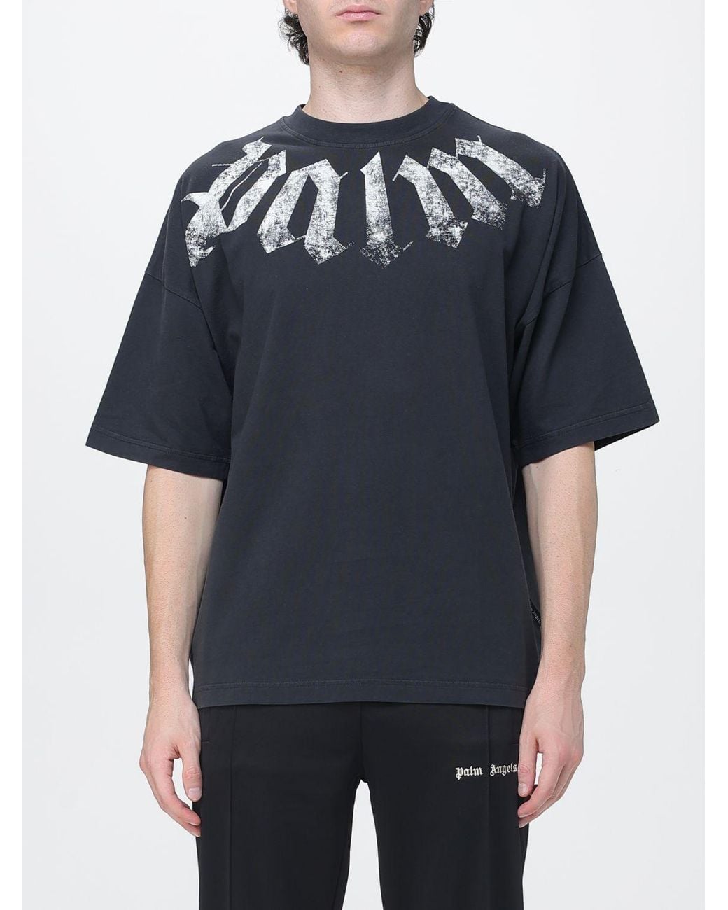 Palm Angels Blue Relaxed Fit Cotton T-Shirt With Graffiti Logo Print for men
