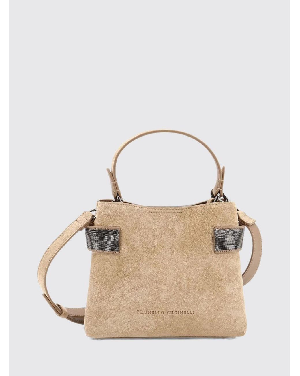Brunello Cucinelli Natural Small Suede Handbag With Monili Embellishment