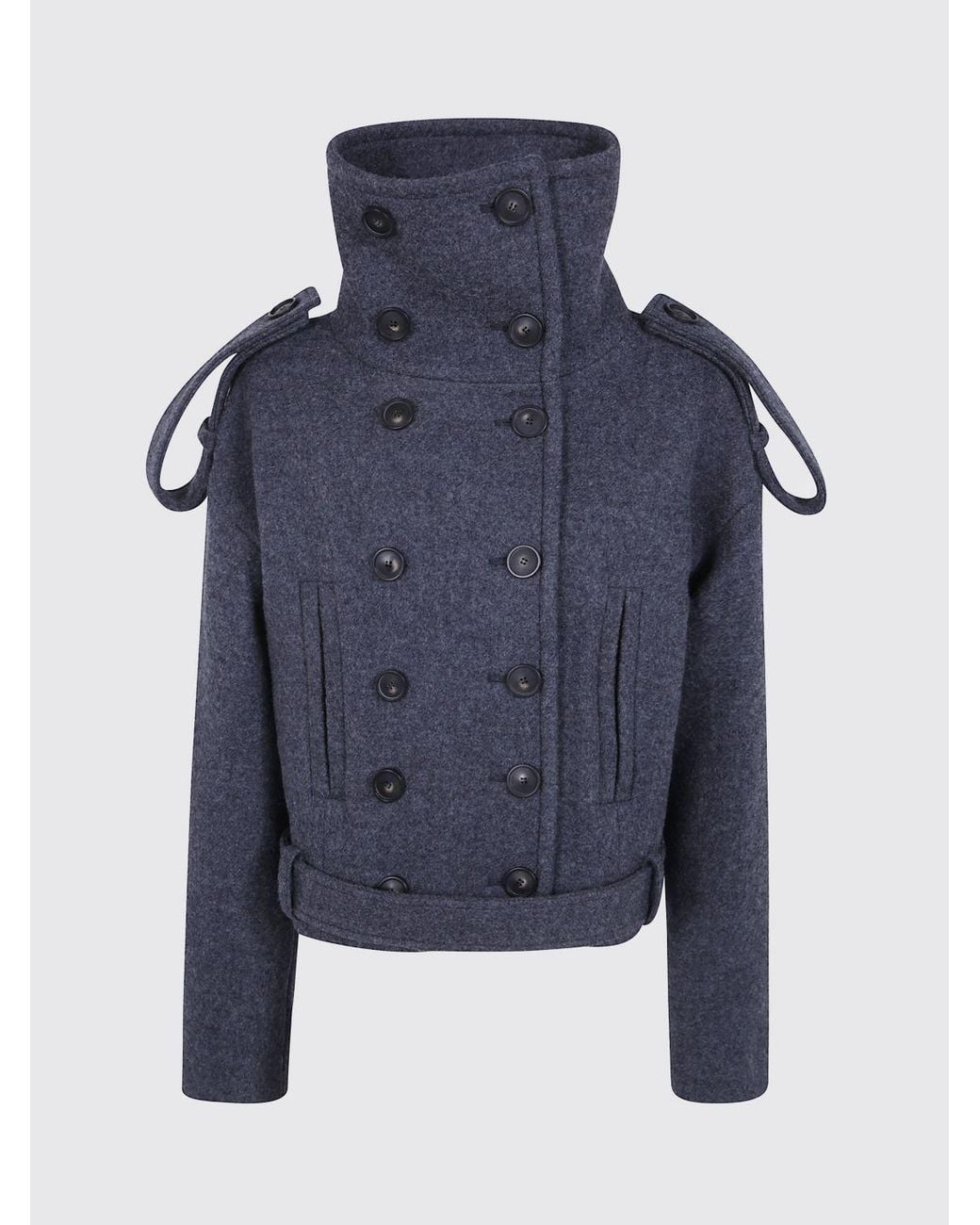 7 For All Mankind Blue Double-Breasted Short Wool Coat With Dropped Shoulders