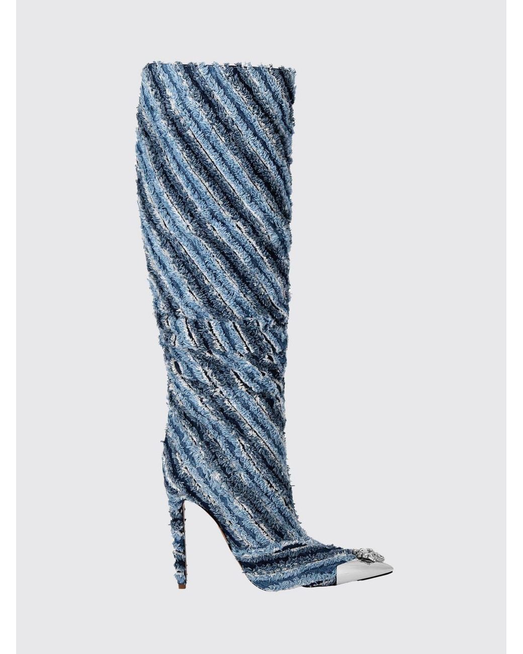 Philipp Plein Blue Bicolor Striped Denim Knee-High Boots With Crystals