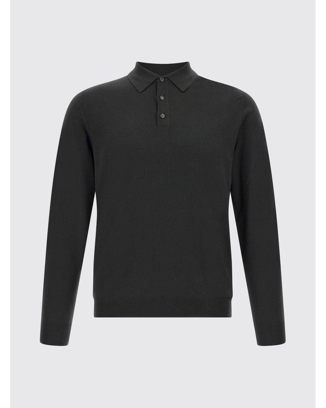 Zanone Black Long-Sleeved Knit Wool Polo With Three-Button Placket for men