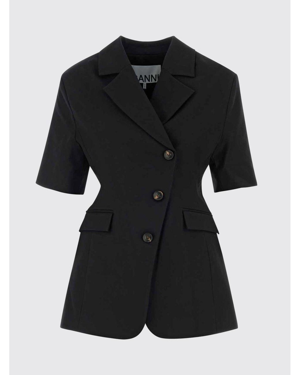 Ganni Black Short-Sleeved Cropped Double-Breasted Blazer
