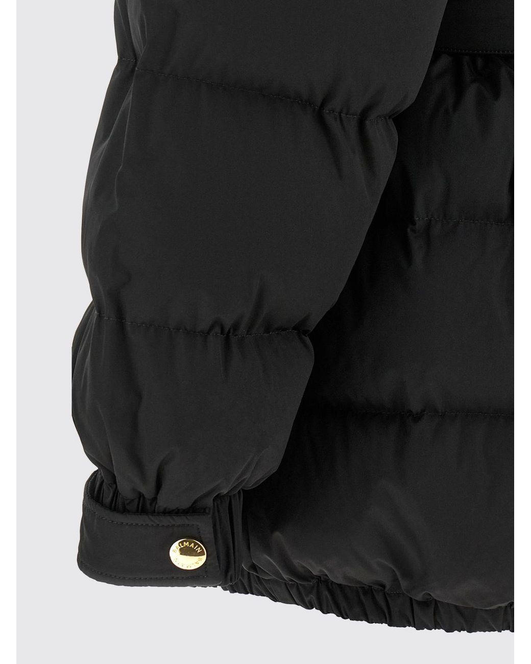 Balmain Black Short Technical Fabric Down Jacket With High Neck And Waist Belt