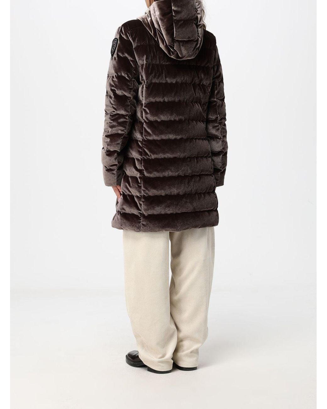 Blauer Brown Knee-Length Quilted Velvet Hooded Down Jacket