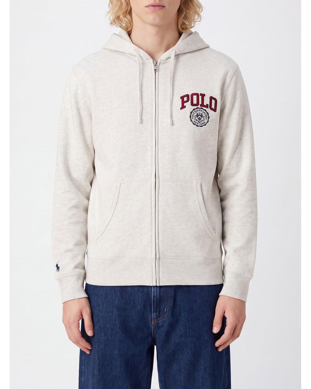 Polo Ralph Lauren White Zip-Up Cotton-Blend Hoodie With Kangaroo Pocket for men