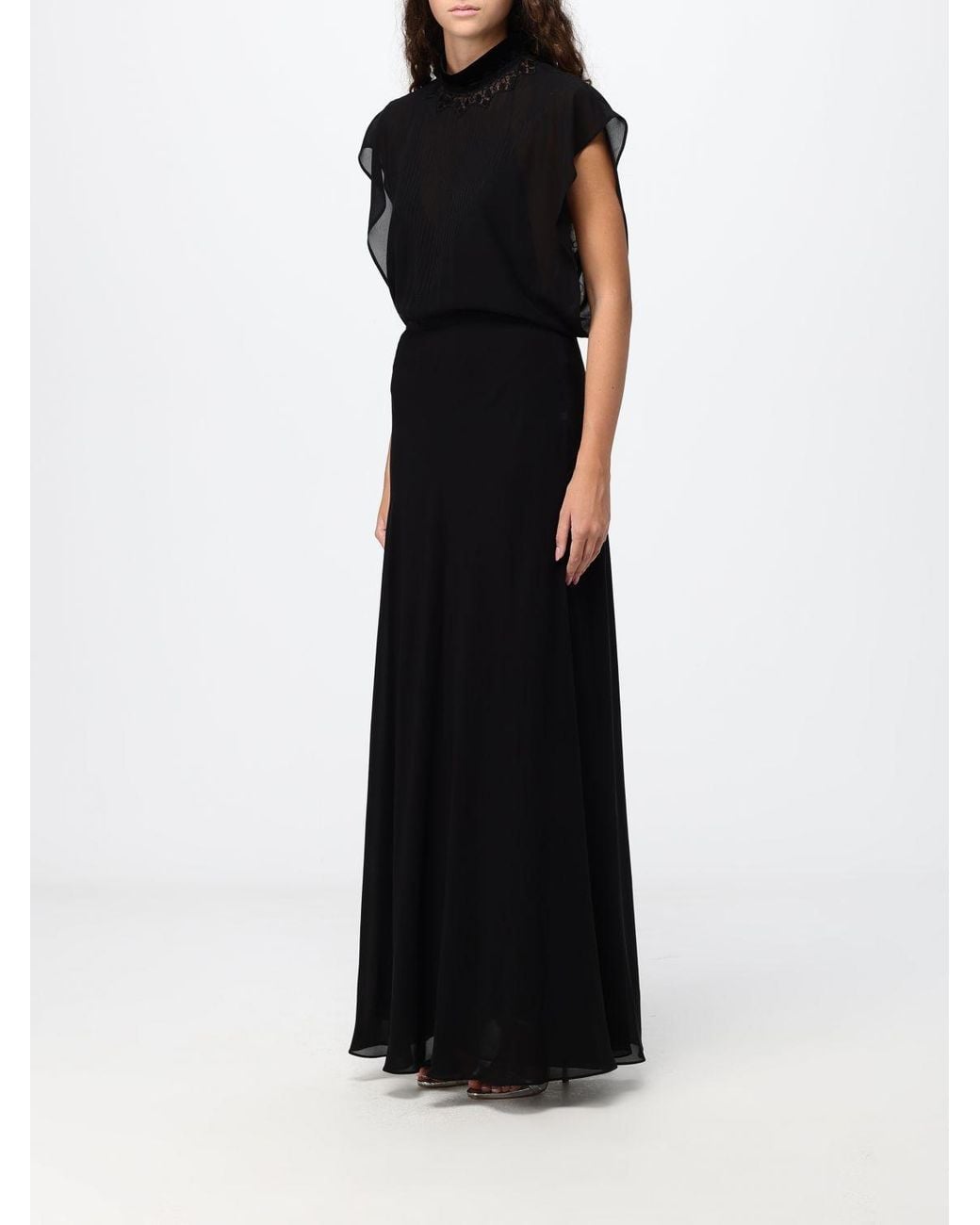 Fendi Black Sleeveless Silk Georgette Long Evening Gown With Mandarin Collar