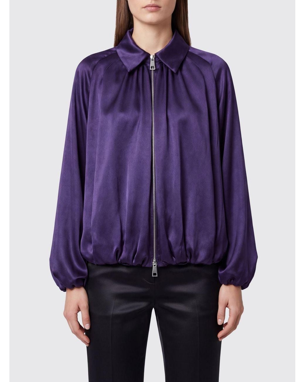 Liviana Conti Purple Cropped Draped Satin Bomber Jacket With Balloon Sleeves