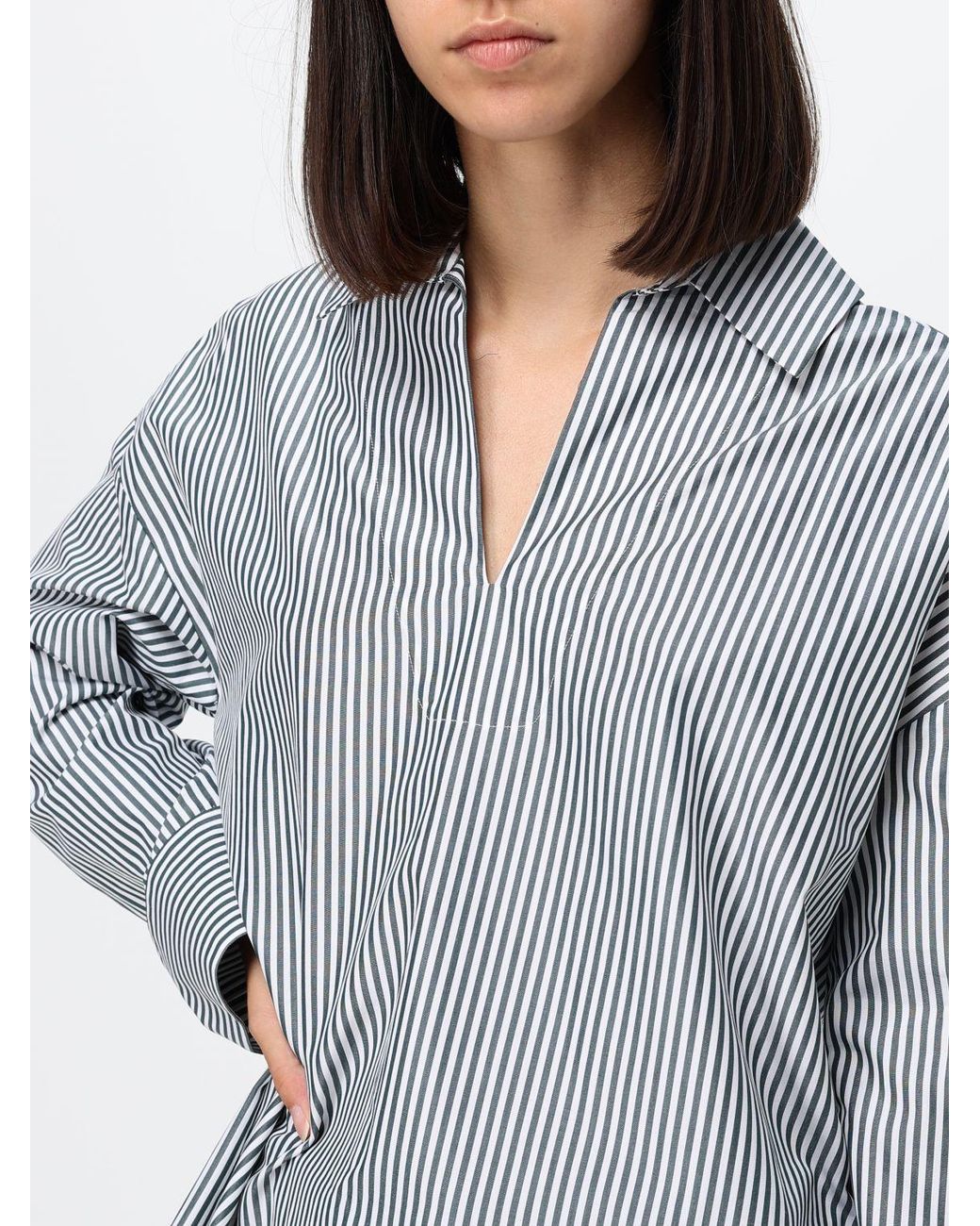 Max Mara Gray Striped Cotton V-Neck Relaxed Fit Blouse