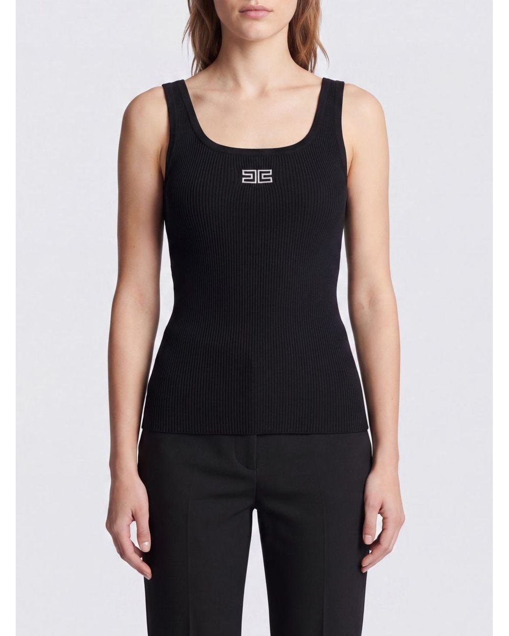 Elisabetta Franchi Black Slim Fit Wool Knit Top With Embroidered Logo